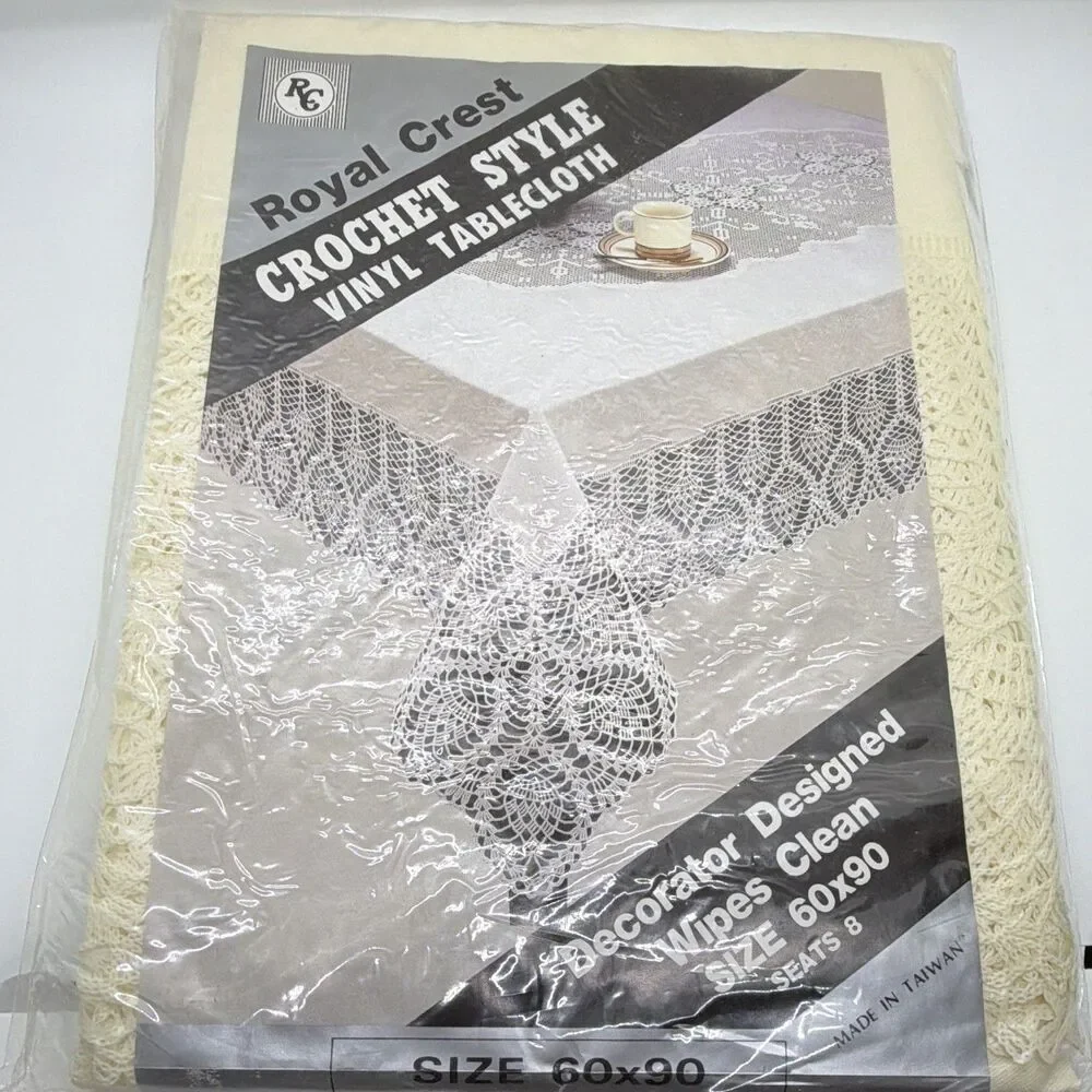 Vintage Royal Crest Tablecloth New Crochet Style Vinyl White Rectangular 60”x90”